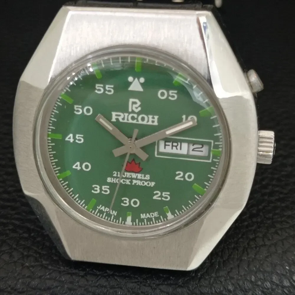 Vintage 1990 Ricoh Automatic Mens Silver Watch W/daydate & Red accents
